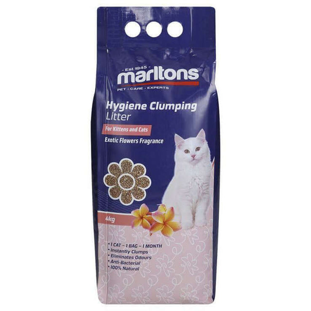Marltons Hygiene Cat Litter Exotic Flower 4kg pack, scented and biodegradable, for effective odor control and fast clumping.