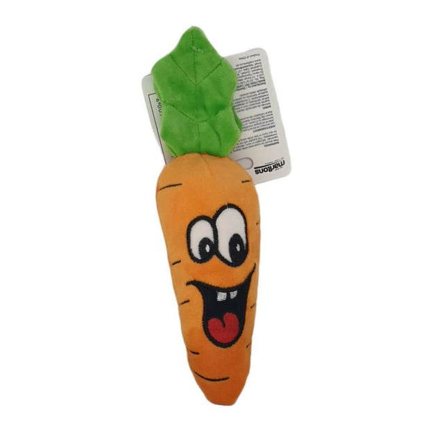 Plush carrot dog toy for small dogs, 13cm, featuring a happy face and green top, perfect for playful pets.
