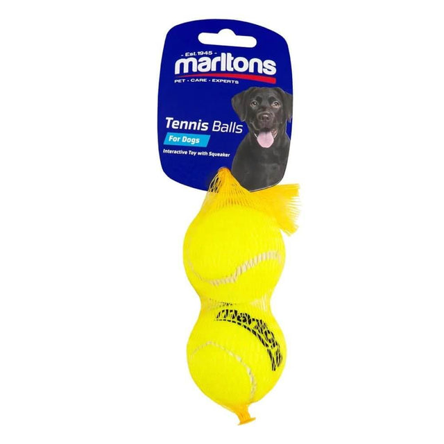 Marltons squeaky tennis ball medium 2 pack for dogs, featuring bright yellow color and squeaker for interactive play.