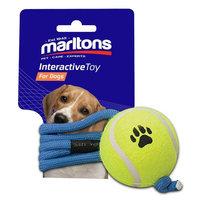 Marltons Tennis Ball on Rope dog toy, designed for interactive play and entertainment for dogs.