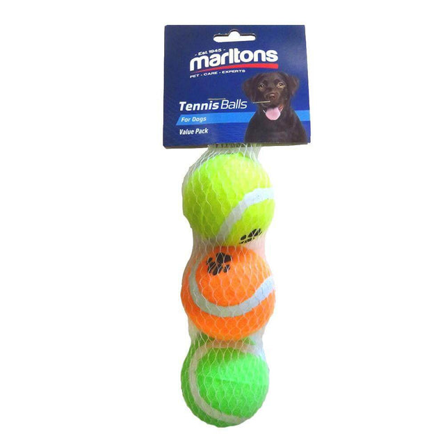 Marltons Tennis Ball small 3 pack in net, featuring vibrant colors for playful dogs and hours of entertainment.