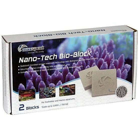 Maxspect Nano-Tech Bio-Block 2pc packaging, designed for freshwater and marine aquariums, featuring advanced filtration technology.