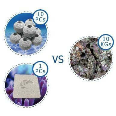 Comparison of 10 Maxspect Nano-Tech Bio-Spheres vs. 10 kg traditional filter media for aquariums.