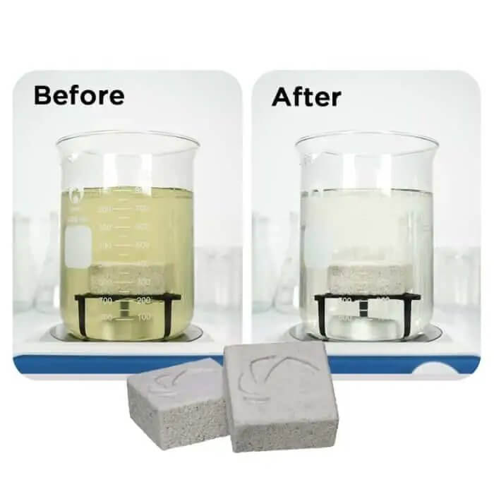 Before and after comparison of water clarity with Maxspect Nano-Tech Clear Cubes in a beaker.