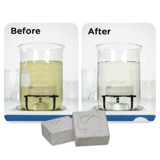 Before and after comparison of water clarity with Maxspect Nano-Tech Clear Cubes in a beaker.