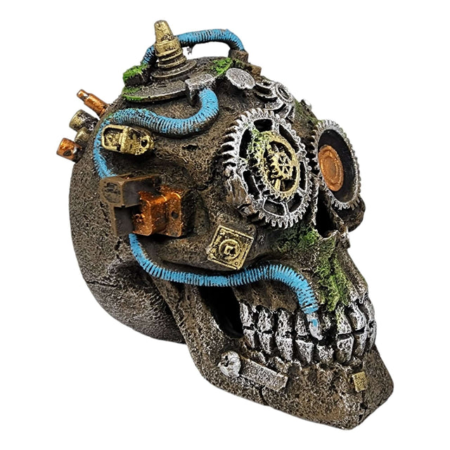 Mechanical skeleton skull aquarium ornament featuring intricate details and vibrant colors, enhancing aquatic environments.