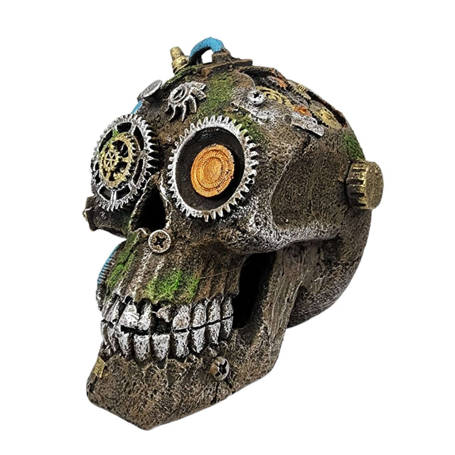 Mechanical skeleton aquarium ornament with steampunk gears, perfect for adding intrigue to your fish tank.