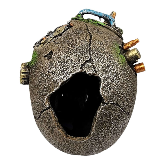 Mechanical Skeleton Aquarium Ornament with a cracked, weathered design and colorful accents, perfect for enhancing any aquarium.