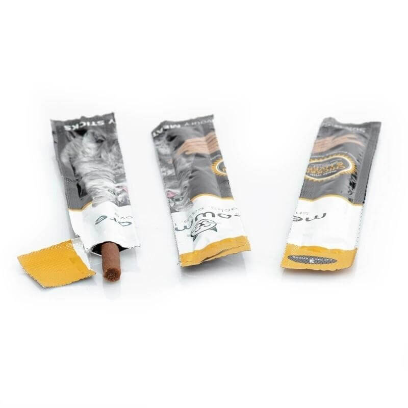 Meow More Cat Treat Sticks 3-Pack featuring soft meat sticks in individual packaging for fresh and healthy cat treats.