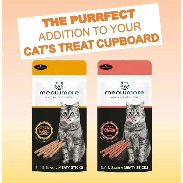 Meow More Cat Treat Sticks 3-Pack featuring chicken, liver, salmon, and trout flavors for healthy cat snacks.