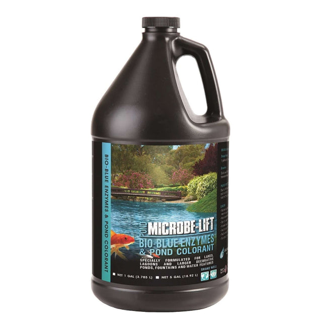 Microbe-Lift Bio-Blue Enzymes and Pond Water Colorant in a gallon container, ideal for adding blue color to ponds and water features.