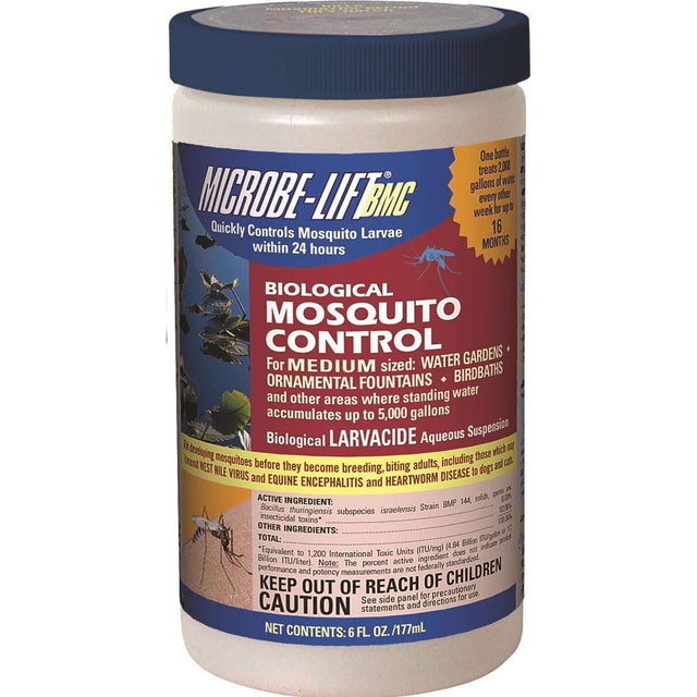 Microbe-Lift Biological Mosquito Control 177ml bottle for effective mosquito larva management in water gardens and fountains.