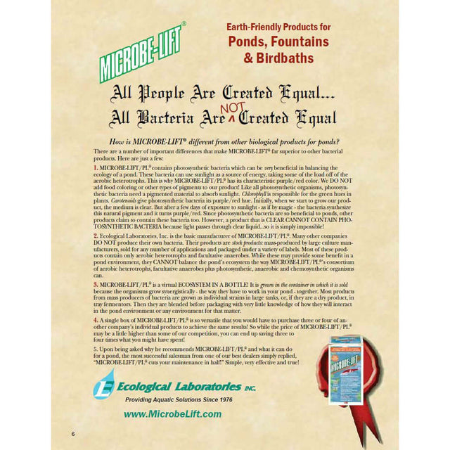 Microbe-Lift PL advertisement highlighting benefits for ponds, fountains, and birdbaths with earth-friendly solutions.