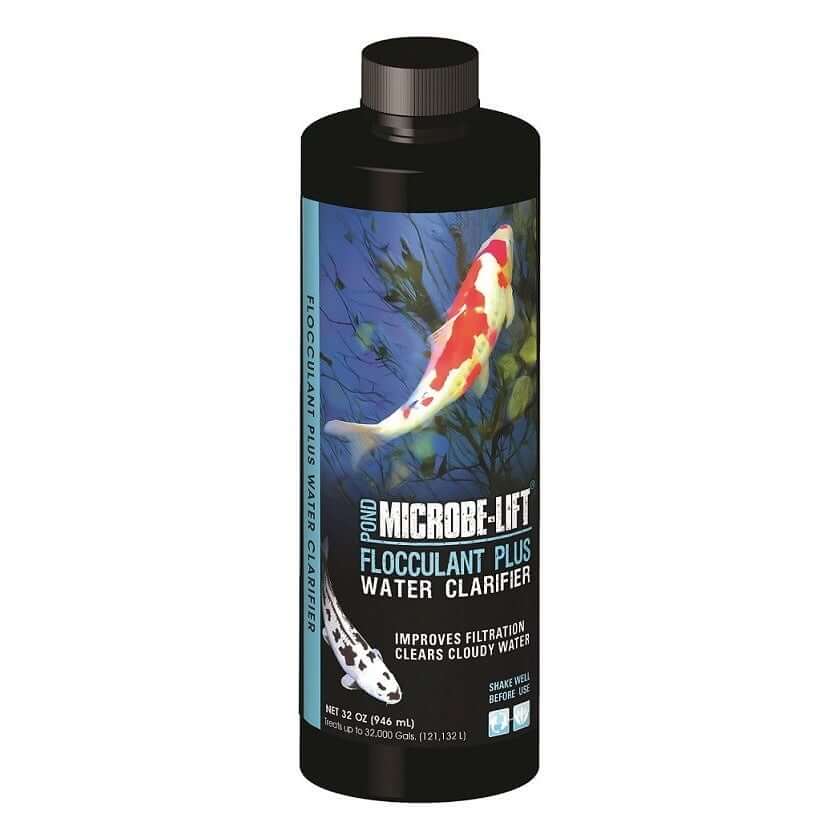 Microbe-Lift Flocculant Plus Water Clarifier bottle for improving pond water filtration and clearing cloudy water.