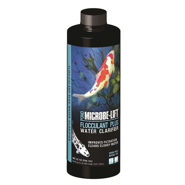 Microbe-Lift Flocculant Plus Water Clarifier bottle for improving pond water filtration and clearing cloudy water.