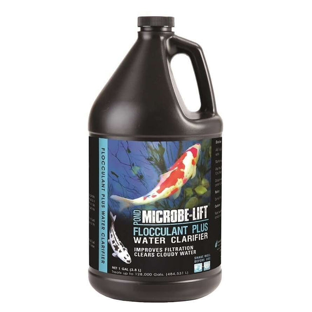 Microbe-Lift Flocculant Plus Water Clarifier bottle, 3.78L size, improves pond water filtration and clears cloudy water.