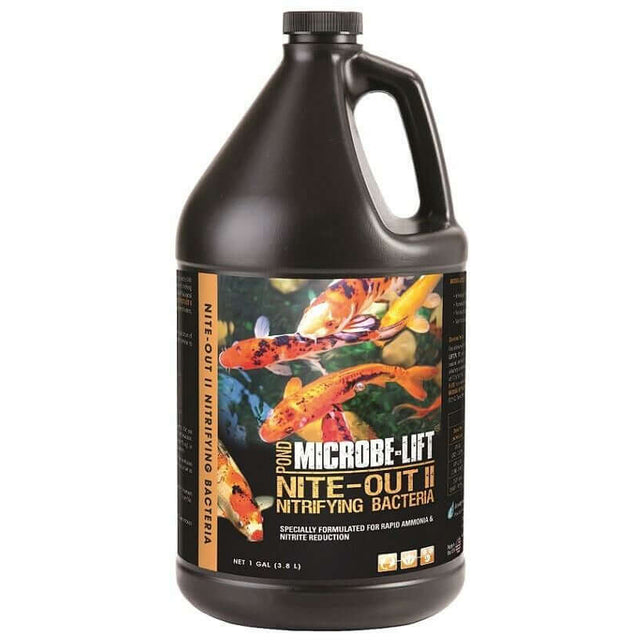 Microbe-Lift Nite Out II gallon container for ponds, designed for rapid ammonia and nitrite reduction with nitrifying bacteria.