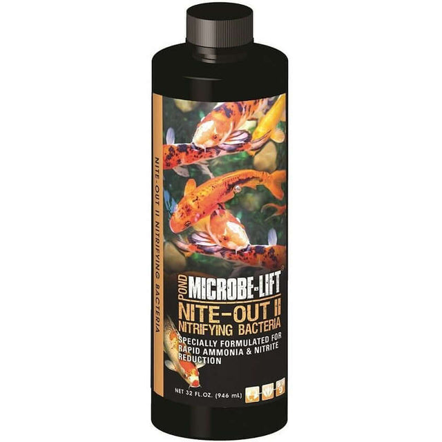 Microbe-Lift Nite Out II for ponds, 32 oz bottle, enriches water with nitrifying bacteria for ammonia reduction.