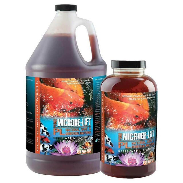 Microbe-Lift PL Bacteria for ponds, lagoons, and aquaponics in gallon and quart bottles, promoting cleaner water features.