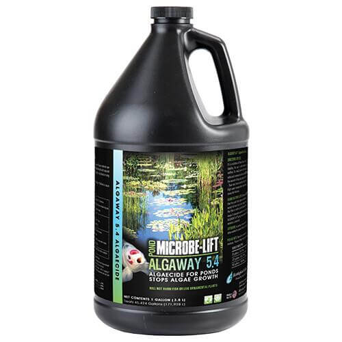 Microbe-Lift Pond Algaway 5.4 algaecide bottle for controlling algae growth in ponds, safe for fish and plants.