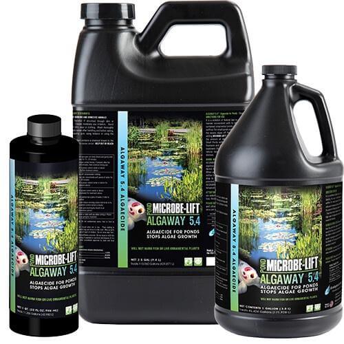 Microbe-Lift Pond Algaway 5.4 algaecide bottles for stopping algae growth in ponds, safe for fish and plants.