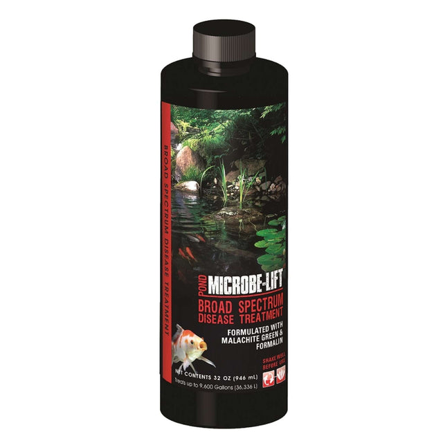 Microbe-Lift Pond Broad Spectrum Disease Treatment bottle for fish health, formulated with malachite green and formalin.