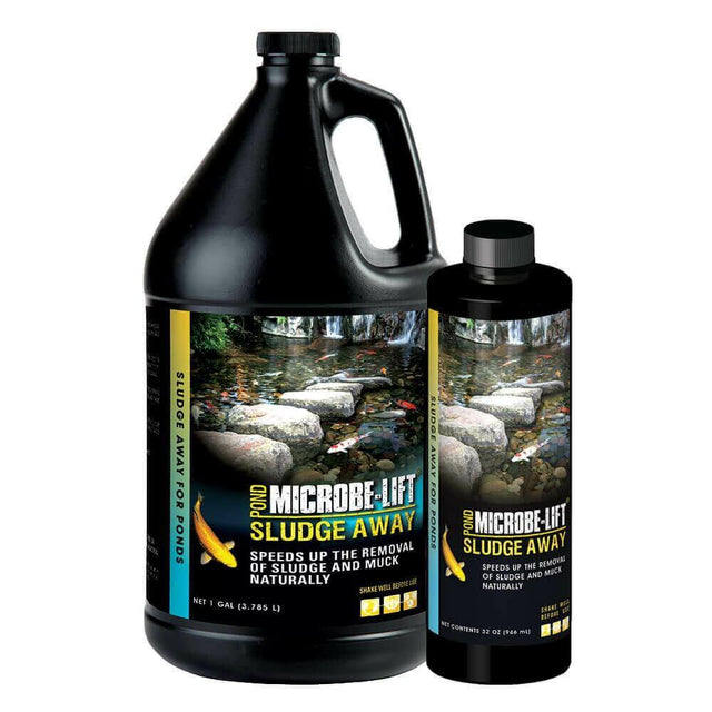 Microbe-Lift Sludge Away bottles for easy sludge removal in ponds and aquaponics systems, promoting natural cleaning solutions.