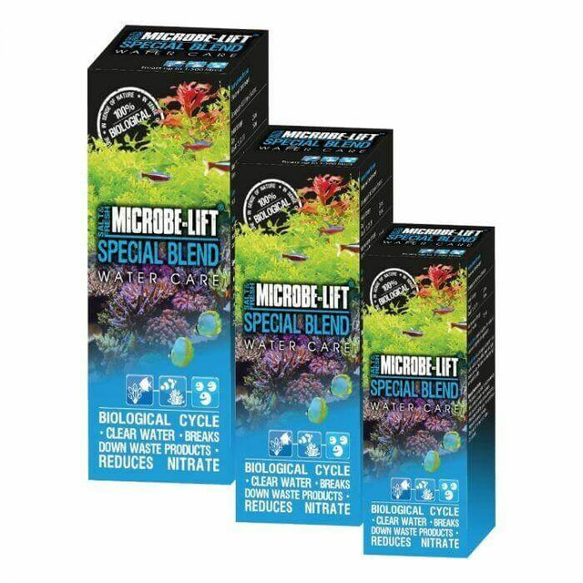 Microbe-Lift Special Blend bottles for aquarium care, promoting biological cycling and reducing nitrate levels.