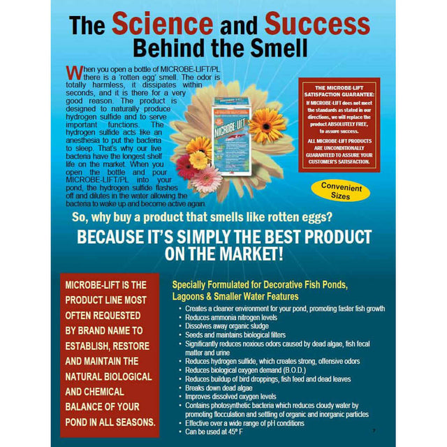 Microbe-Lift Special Blend promotional poster highlighting benefits for fish ponds and aquariums with product details and features.