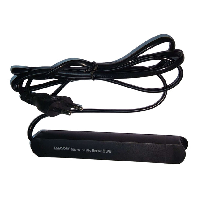 Mini aquarium heater with a 25W micro plastic design and power cord, ideal for maintaining a fixed temperature of 25°C.