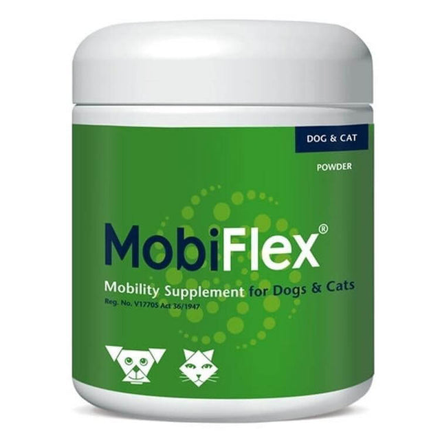 MobiFlex mobility supplement for dogs and cats in a 250g container, promoting joint health and mobility.