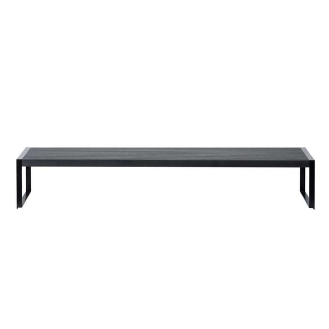 Sleek black modern bench with a minimalistic design and sturdy rectangular frame. Perfect for outdoor or indoor use.