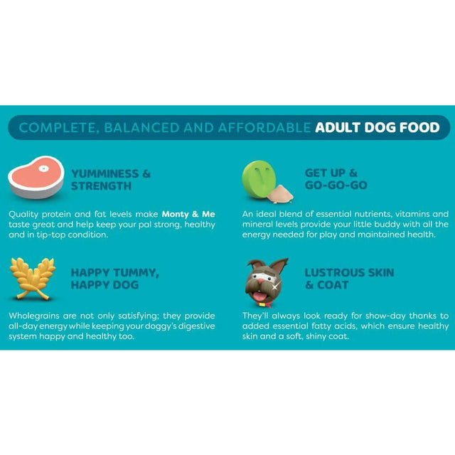 Infographic highlighting benefits of Montego Monty & Me Essential Adult Dog Food, including nutrition and dog health.