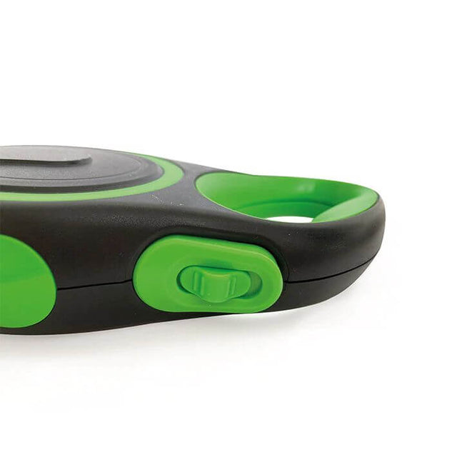 Close-up of M-Pets Liberty dog retractable leash handle with one-touch lock and release button in green and black.