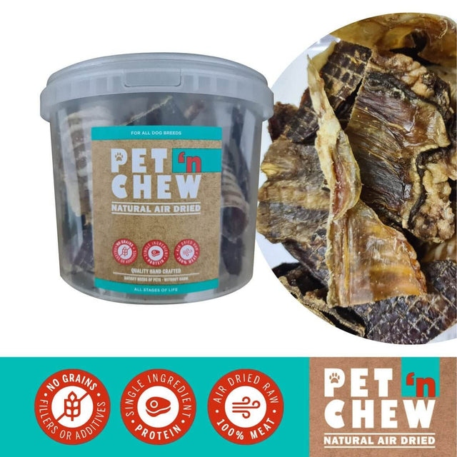Natural air-dried beef dog treats in a 2.5L bucket, no grains or fillers, 100% single ingredient protein.
