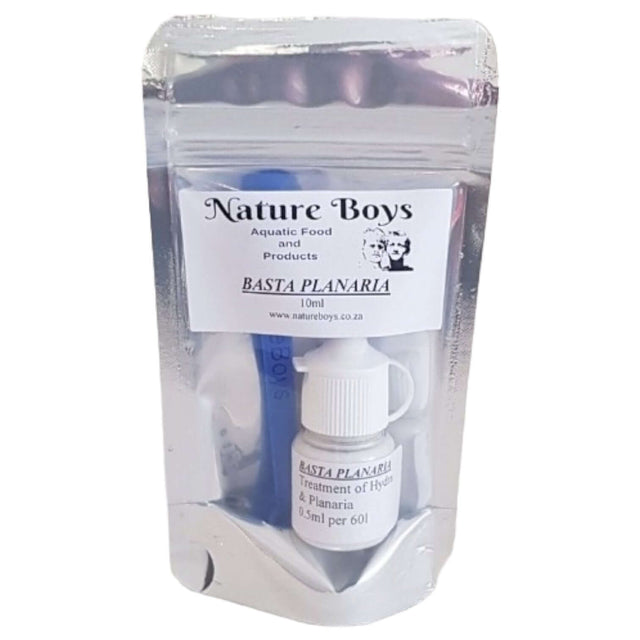Nature Boys Basta Planaria liquid treatment for Hydra and Planaria, 10ml packaging with instructions for aquarium use.