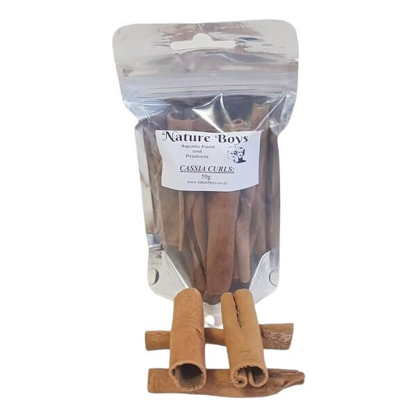 Nature Boys Cassia Tubes 50g in a clear package with natural cinnamon curls displayed on a white background.