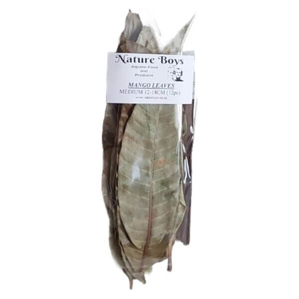 Nature Boys Mango Leaves 10pc package, perfect for enhancing aquarium environments and promoting aquatic health.