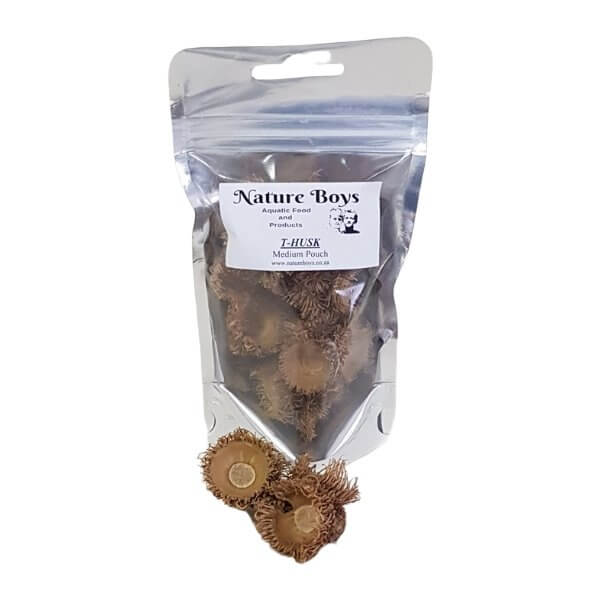Nature Boys T-Husks in a clear pouch, enhancing aquarium environments with natural decor and functional benefits.