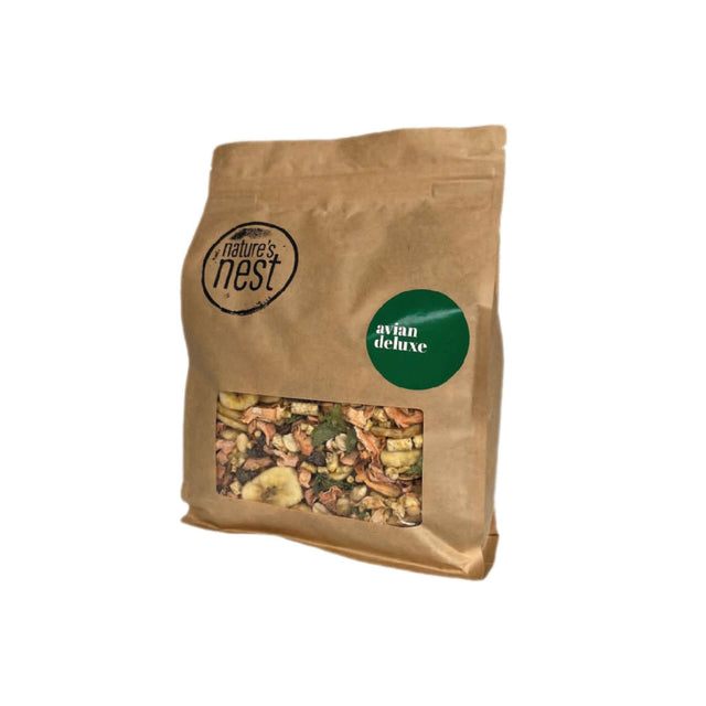 Nature's Nest Avian Deluxe 1kg bird food in eco-friendly packaging with ingredients visible through the window.
