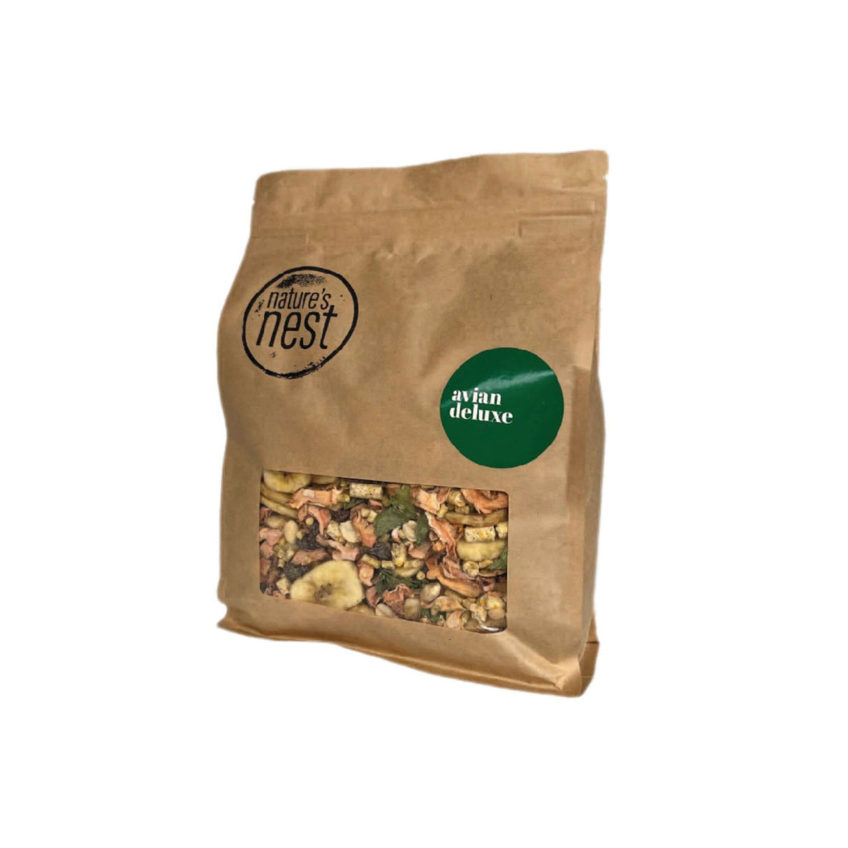 Nature's Nest Avian Deluxe 1kg bird food in eco-friendly packaging with ingredients visible through the window.