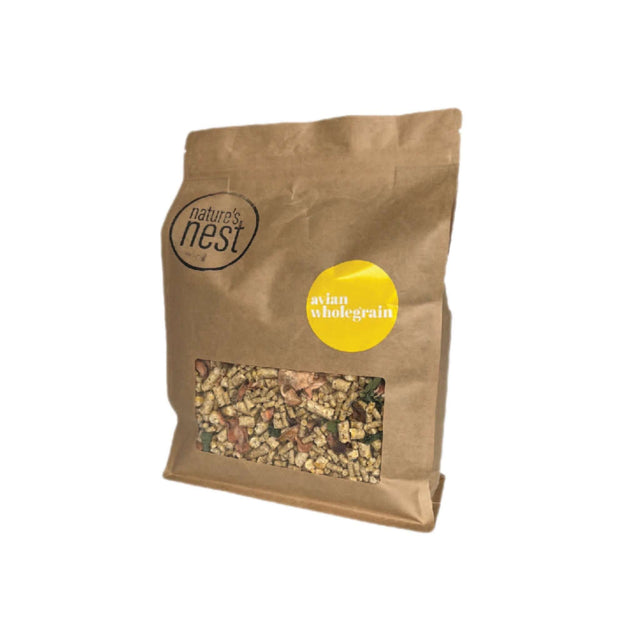 Nature's Nest Avian Wholegrain bird food in a kraft packaging, ideal for baby birds and high-quality nutrition.