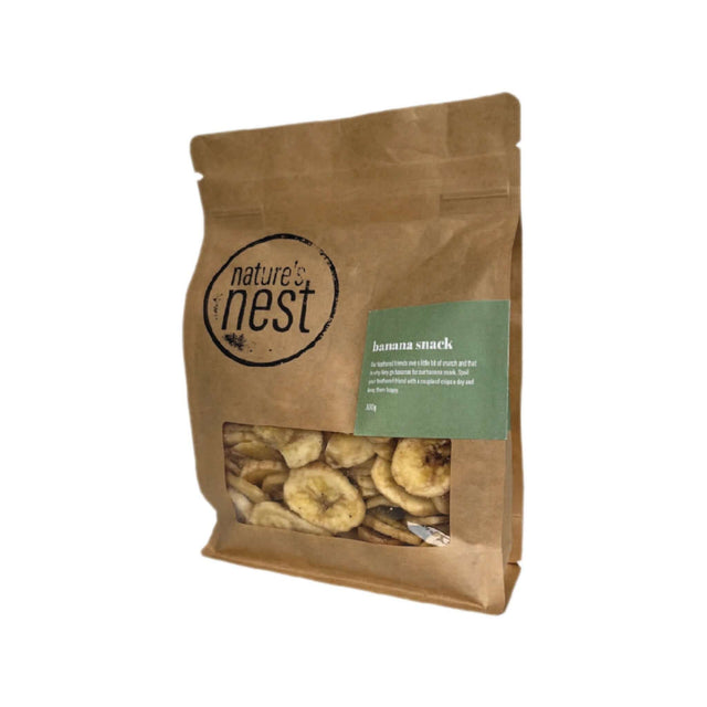 Nature's Nest Banana Snack 300g bag featuring dried banana chips for birds, ideal treat for feathered friends.