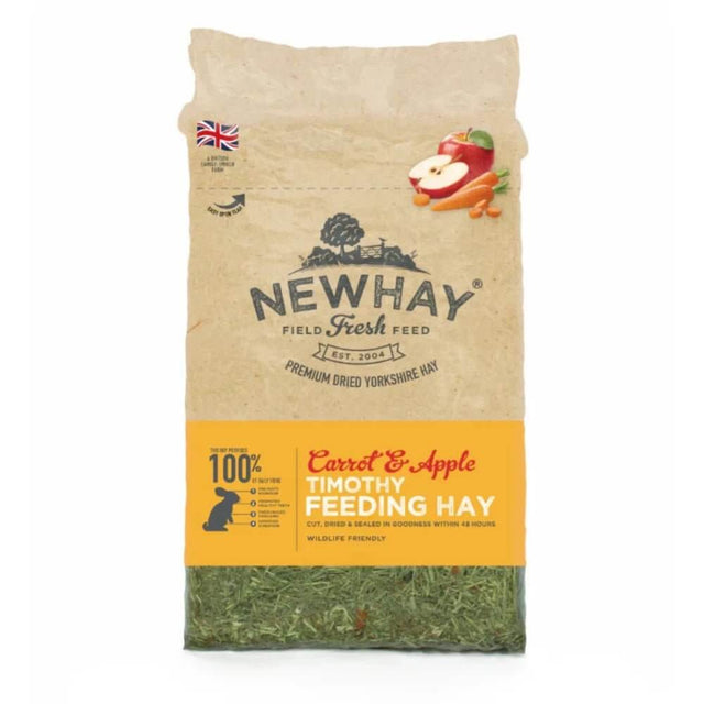 Newhay Timothy Hay with Carrot and Apple, a natural, high-fibre pet feed packaged in a biodegradable bag.