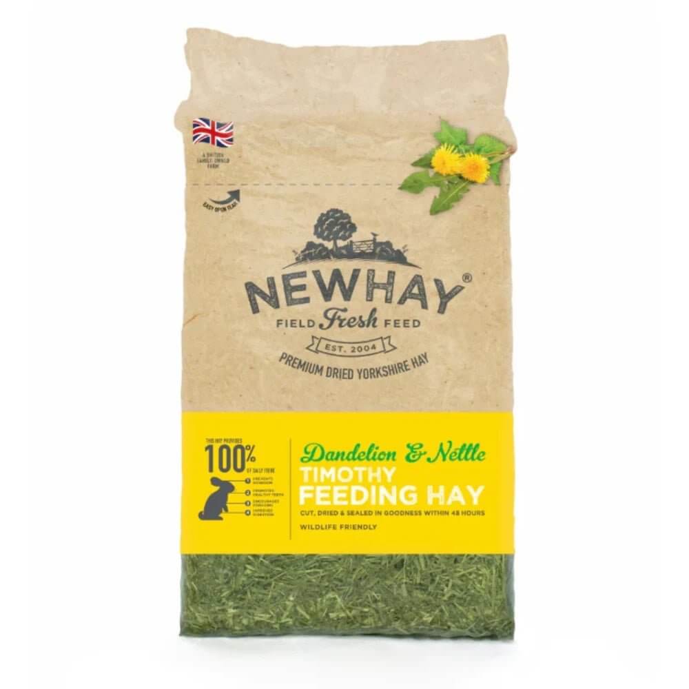 Newhay Timothy Hay with Dandelion and Nettle 1kg in eco-friendly packaging, high in fibre for small animals.