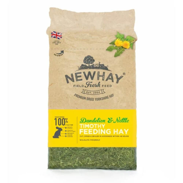 Newhay Timothy Hay with Dandelion and Nettle 1kg in eco-friendly packaging, high in fibre for small animals.