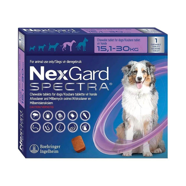 NexGard Spectra chewable tablets packaging for dogs, suitable for 15.1-30 kg weight range, effective flea and heartworm prevention.