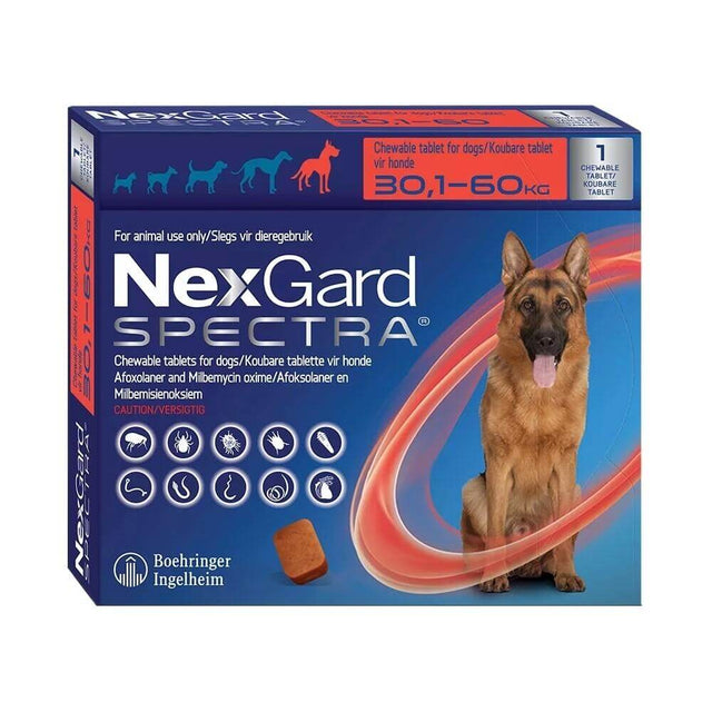 NexGard Spectra for Dogs package with chewable tablet for flea, tick, and heartworm prevention 30.1-60 kg.