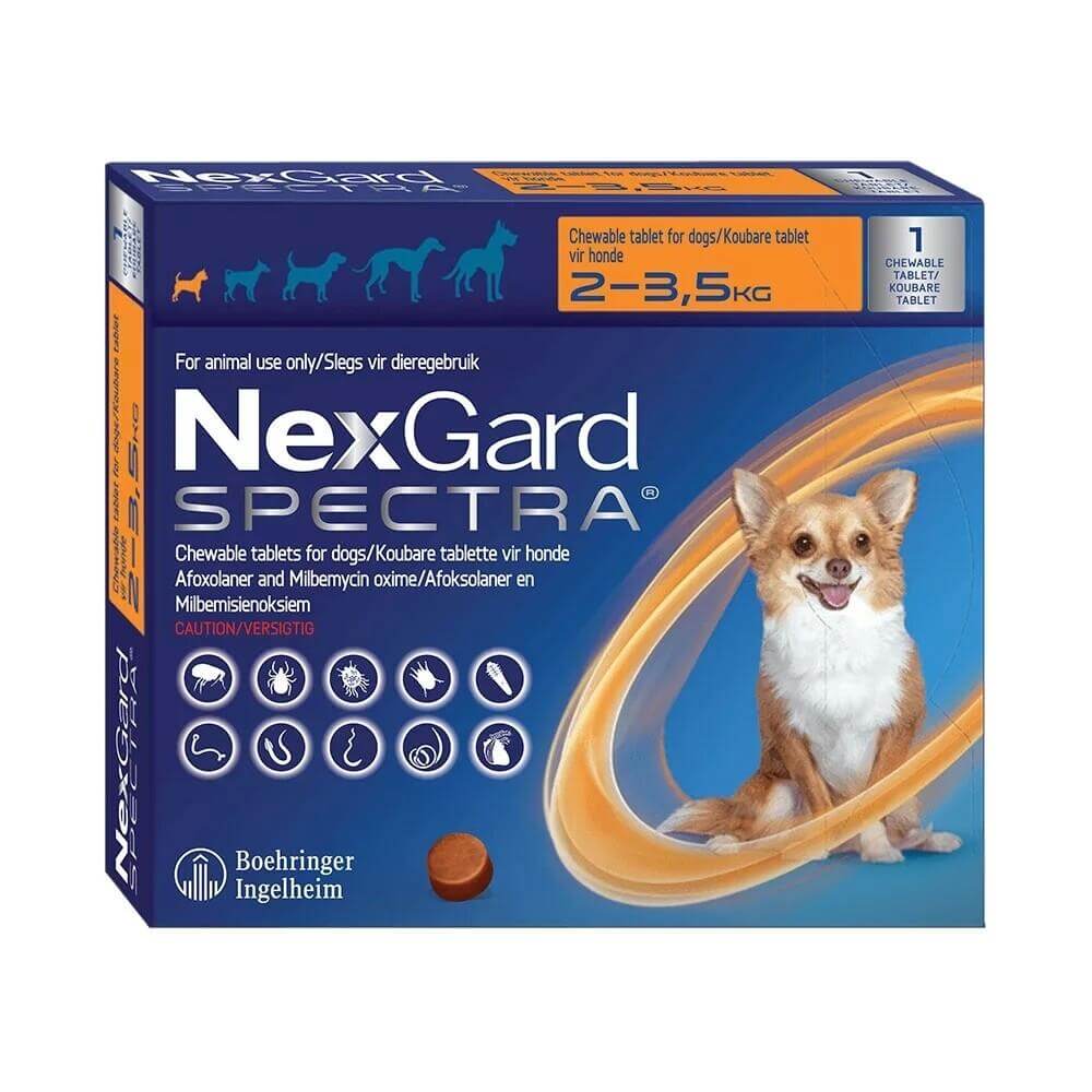 NexGard Spectra chewable tablets for dogs weighing 2-3.5 kg in a colorful packaging with a dog illustration.