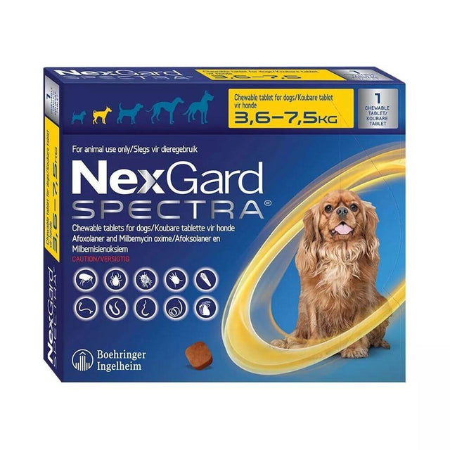 NexGard Spectra chewable tablets packaging for dogs, suitable for 3.6-7.5 kg weight range, by Boehringer Ingelheim.